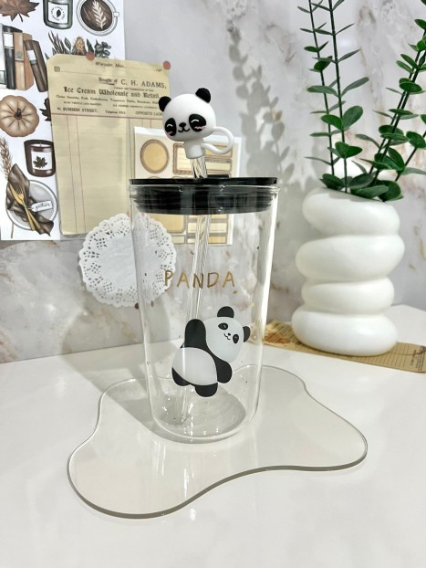 Large panda cup with lid and straw